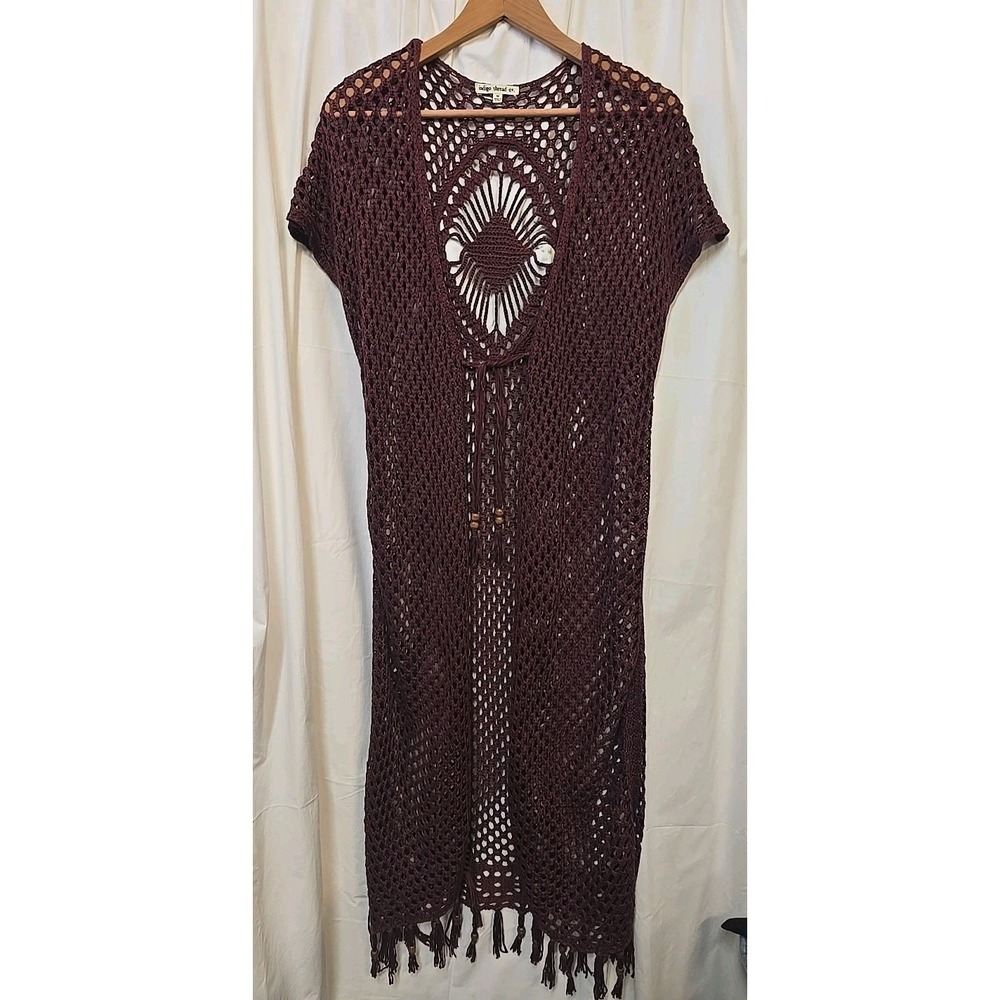 Indigo Thread Co ~ Maroon Crochet Long Sleeveless Cardigan Boho Cottagecore M - Picture 3 of 10
